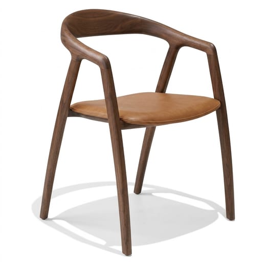 AI concept: walnut armchair with an open curved timber back and tan leather seat