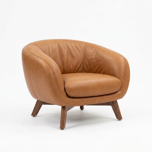 AI concept: low wide tan leather tub chair on splayed walnut legs