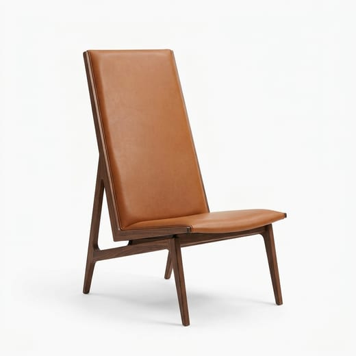 AI concept: tall tan leather wingback chair on a walnut frame