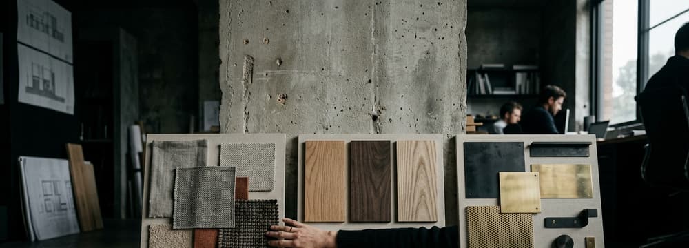 Three material and finish sample boards side by side