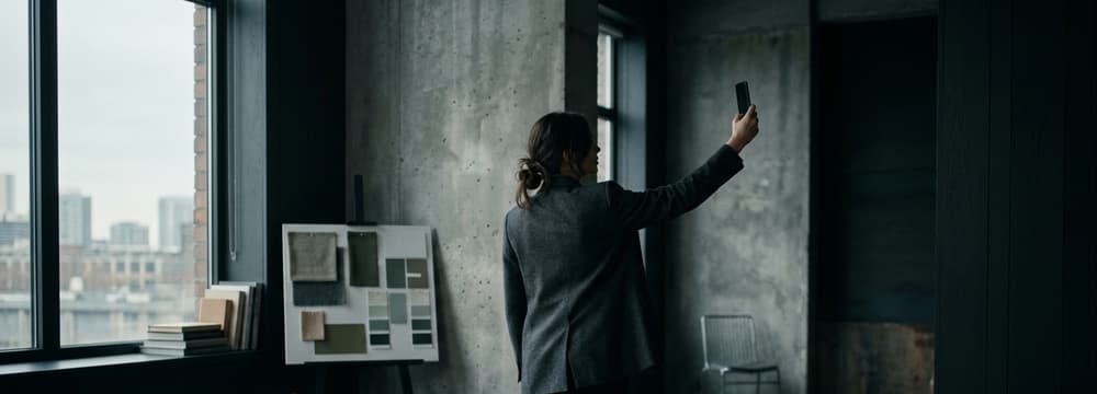 Designer holding a phone up to an empty corner of an office