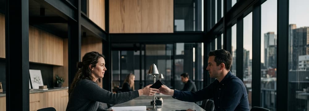 Designer handing a phone across a studio table to a client